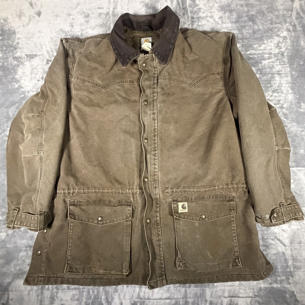 Vtg Carhartt Jacket Mens 2XL Brown Chore Barn Coat Blanket Lined Thrashed Grunge